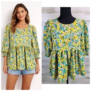 Umgee Floral Babydoll Top Cottagecore Puff Sleeve Empire Waist Blouse S Green